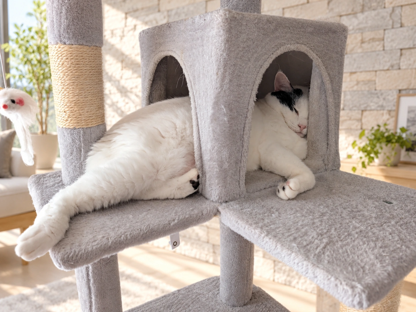 キャットタワーの小部屋から体をはみ出して寝るサスケ